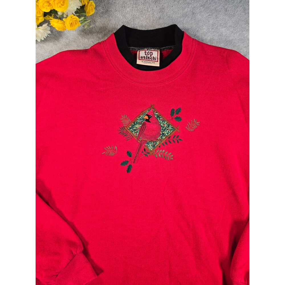 Vintage‎ Top Stitch Morning Sun Cardinal Embroidered Crewneck Sweater Red Large